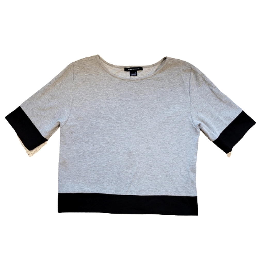 French Connection Boxy Tee Gray Black Open Back Top Round Neck Large EUC